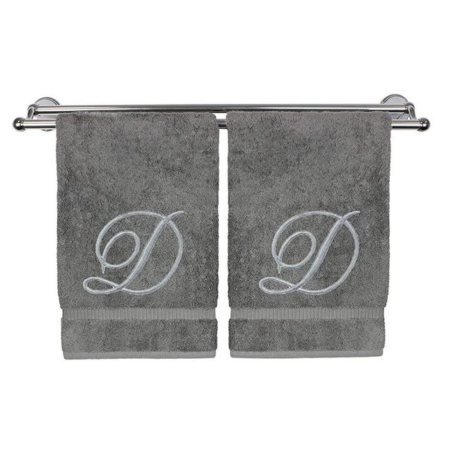 Monogrammed Hand Towel, Personalized Gift, 16 x 30 Inches - Set of 2 - Silver Embroidered Towel - Extra Absorbent 100% Turkish Cotton- Soft Terry Finish - for Bathroom, Kitchen and Spa- Script D Gray