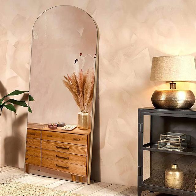 NeuType Arched Full Length Mirror, 65"x22"Full Body Mirror, Wooden Thin Frame, Hanging or Leaning Against Wall, Oversized Large Bedroom Mirror, Floor Mirror, Dressing Mirror, Gold