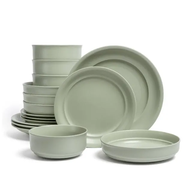 over&back 16pc Rimmed Hand-Finished Stoneware Dinnerware Set Semi-Matte Sage: Microwave & Dishwasher Safe, Service for 4