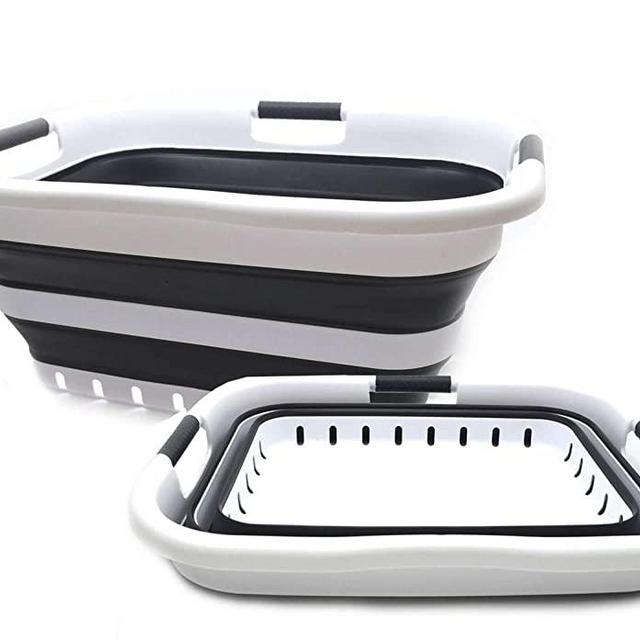 SAMMART Set of 2 Collapsible 3 Handled Plastic Laundry Basket - Foldable Pop Up Storage Container/Organizer - Portable Washing Tub - Space Saving Hamper/Basket (2, White/Black)