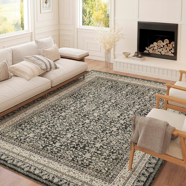PureCozy Area Rug 5x7 Washable Living Room Rug Black Indoor Vintage Rug Kitchen Accent Rug Retro Distressed Carpet Low Pile Bedroom Rug Office Dining Room