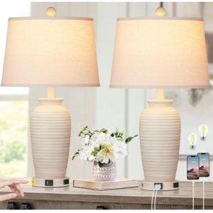 24.3" Farmhouse Jar Table Lamps Set of 2, 3 Way Touch Control Rustic Bedside Lamps with USB A+C Ports & AC Outlet, Pot Nightstand Lamps for Bedroom Living Room (LED Bulbs Included)