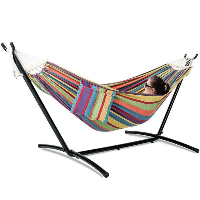 gafete Double Hammock with Stand for Outside, Upgraded Spreader Bar, Heavy Duty Space Saving Steel Stand 2 Person, Side Pockets, Easy Assembly, 600lbs Weight Capacity, Indoor & Outdoor (Classic Red)