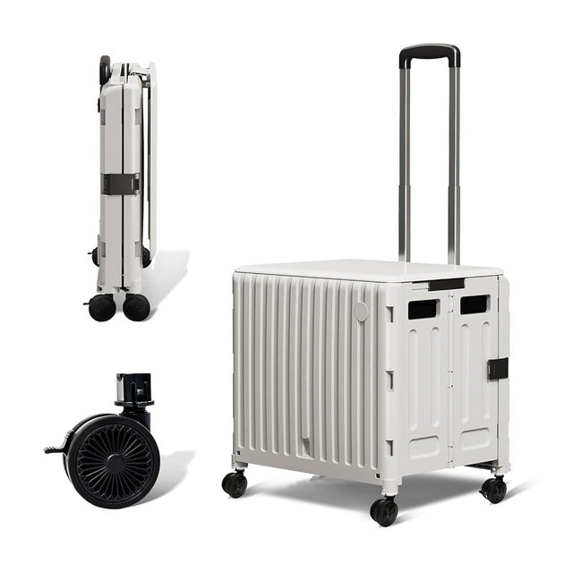 Collapsible Rolling Cart with Stair Climbing:Wheels Foldable Teacher Crate for Files Groceries & Trade Shows All-Terrain Office Cart with Lid Basket Handle & Durable Steel Frame