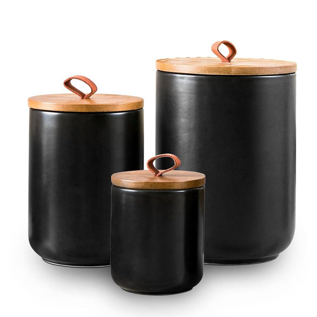 Kendiis Black Ceramic Canister Set, 3pcs Ceramic Kitchen Canisters for Countertop with Airtight Wood Lids, Large Flour and Sugar Containers for Coffee, Tea, Spice