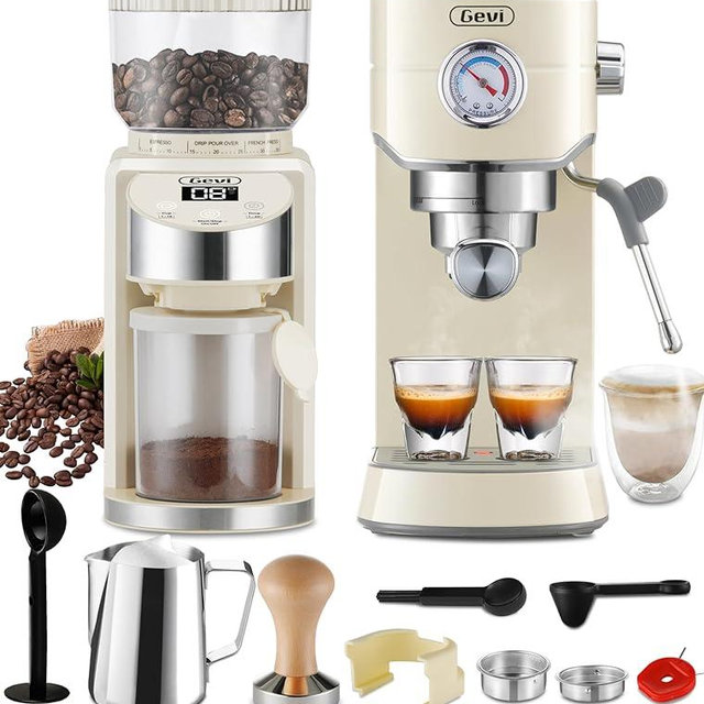 Gevi 20 Bar Espresso Coffee Machine with Burr Grinder Set | 35 Precise Grind Settings | Milk Frother for Latte Cappuccino | Professional Home Barista Kit | Gift for Coffee Lovers