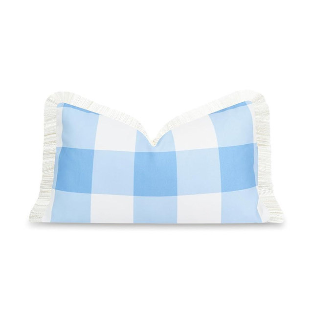 Hofdeco Premium Coastal Patio Indoor Outdoor Lumbar Pillow Cover Only, 12"x20" Water Repellent for Backyard, Couch, Baby Blue Plaid with Fringe