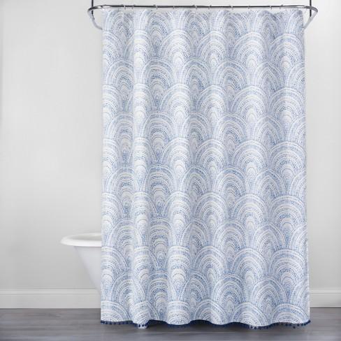 Scallop Stitch with Pom Fringe Shower Curtain Blue/White - Opalhouse™