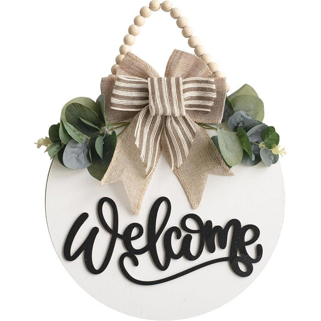 Welcome Sign for Front Door Wreath Decorations for All Seasons Front Porch Decor Hanging Gift for Farmhuose Home Outdoor Indoor (White-Welcome)