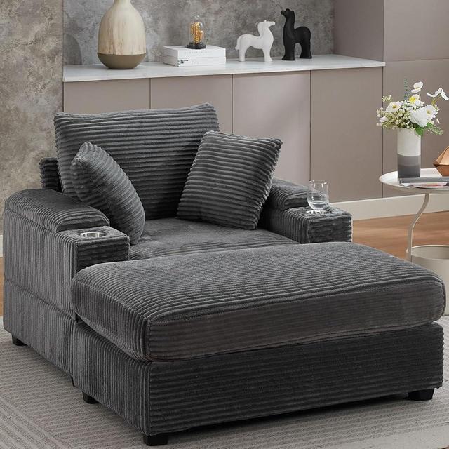 Oversized Corduroy Chaise Lounge Chair Indoor with Storage and Ottoman, Sleeper Chair with Cup Holder, Deep Seat Upholstered Sofa Bed, Reclining Chair for Living Room, Bedroom, Office Grey