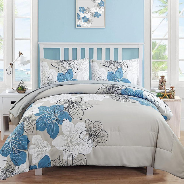 Luxudecor Floral Comforter Set Queen, Blue Floral Printed on Light Grey, Soft Microfiber 7 Pieces Bed in a Bag (1 Comforter, 2 Pillow Shams, 1 Flat Sheet, 1 Fitted Sheet, 2 Pillowcases)