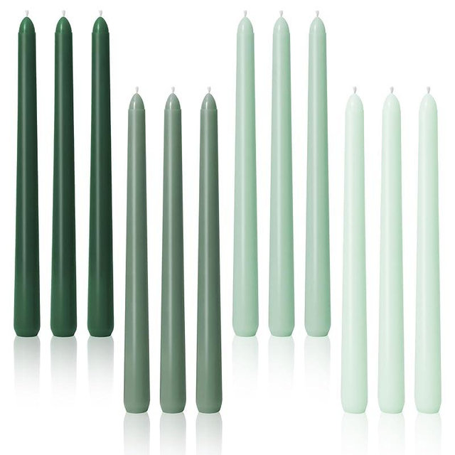 10-Inch Tall Dripless Taper Candles Set of 12 - Tapered Candlesticks - Smokeless, Unscented, Long Burning - Hand Poured, Colored for Home Decor Wedding, Dinner - Green