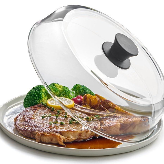 10inch Glass Microwave Splatter Cover for Food - 100% Food Grade BPA Free - Dishwasher Safe - Cookware & Bakeware Serving Dish Cover, Plate Splatter Guard Lid with Easy Grip Silicone Handle Knob