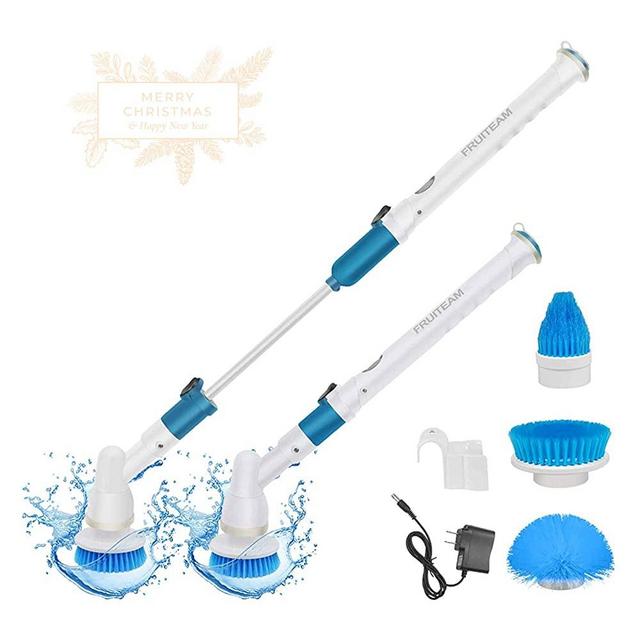FRUITEAM Electric Spin Scrubber, Cordless Bathroom Scrubber, Super Power Floor Scrubber Surface Cleaner with 3 Replaceable Brush Heads and 1 Extension Arm for Tub, Kitchen, Tile, Blue