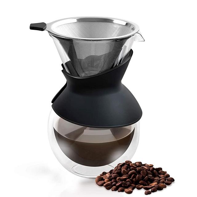 Pour Over Coffee Maker Elegant Double Wall Glass Coffee Dripper Brewer Pot w/Carafe & Permanent Stainless Steel Filter by Apace Living Premier Collection