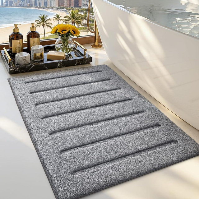 LUMI Soft Absorbent Bathroom Rugs, Non Slip Bath Mats for Bathroom, Fluffy Thick Striped Bath Rug with Washable, Ideal for Floor, Shower Tub, Entryway, 24"x36", Grey