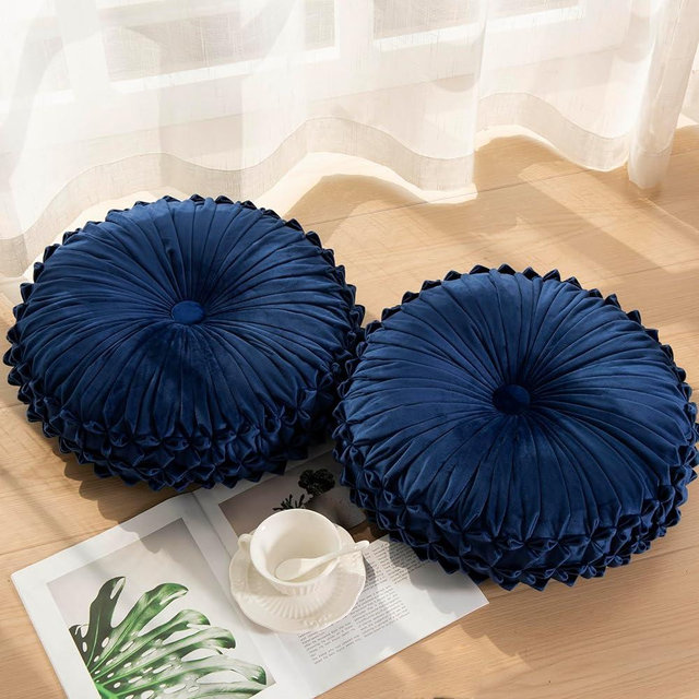 BRHF Round Throw Pillow Set of 2 – Decorative Velvet Ruched Pumpkin Pillows with Button Center, Soft Handmade Cushions for Couch Sofa Bed Farmhouse Vintage Rustic Decor, 14.5" R, Navy