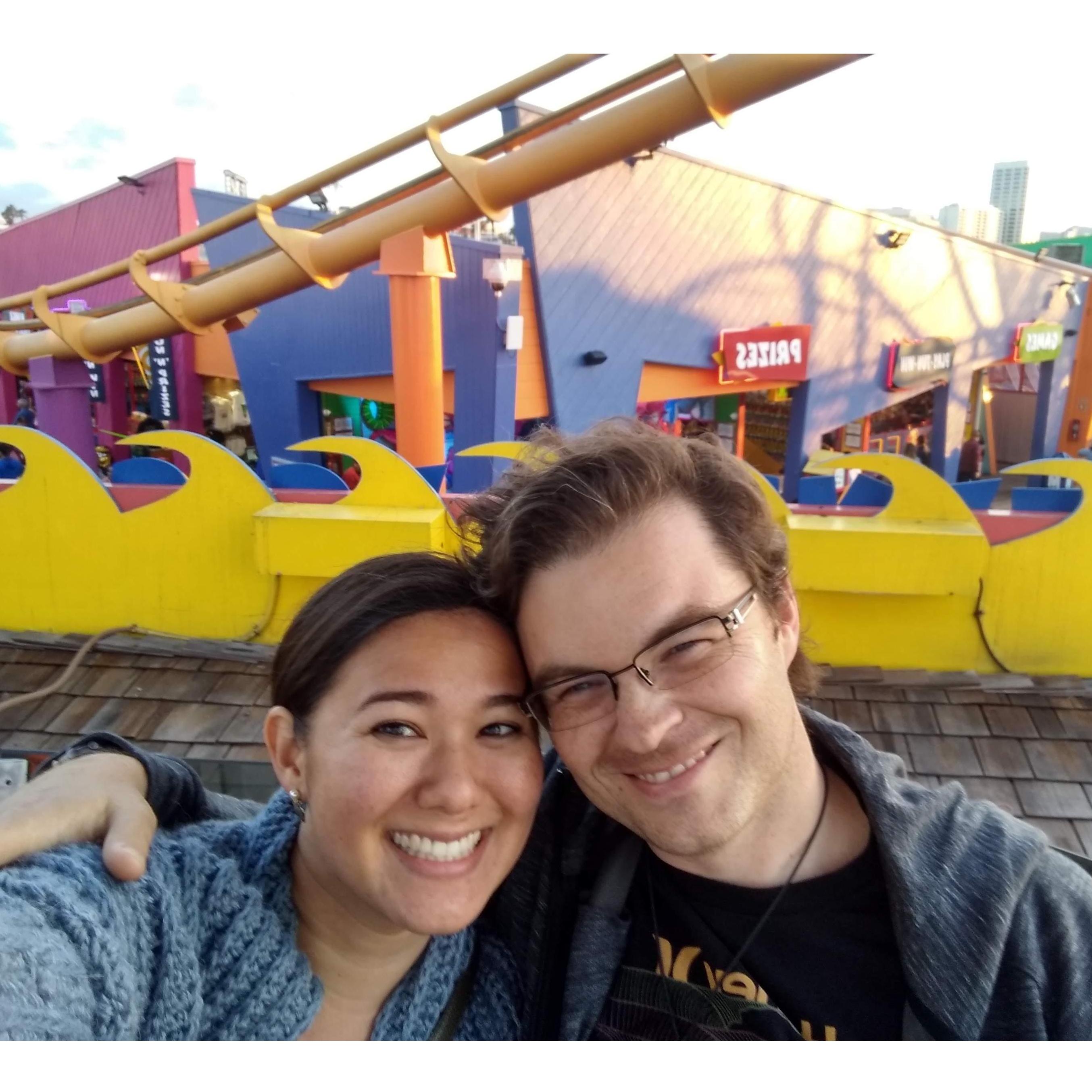 Sunset ride on the ferris wheel in Santa Monica, right before Dillon proposed. We rode this ferris wheel together on one of our first dates, back in 2014.