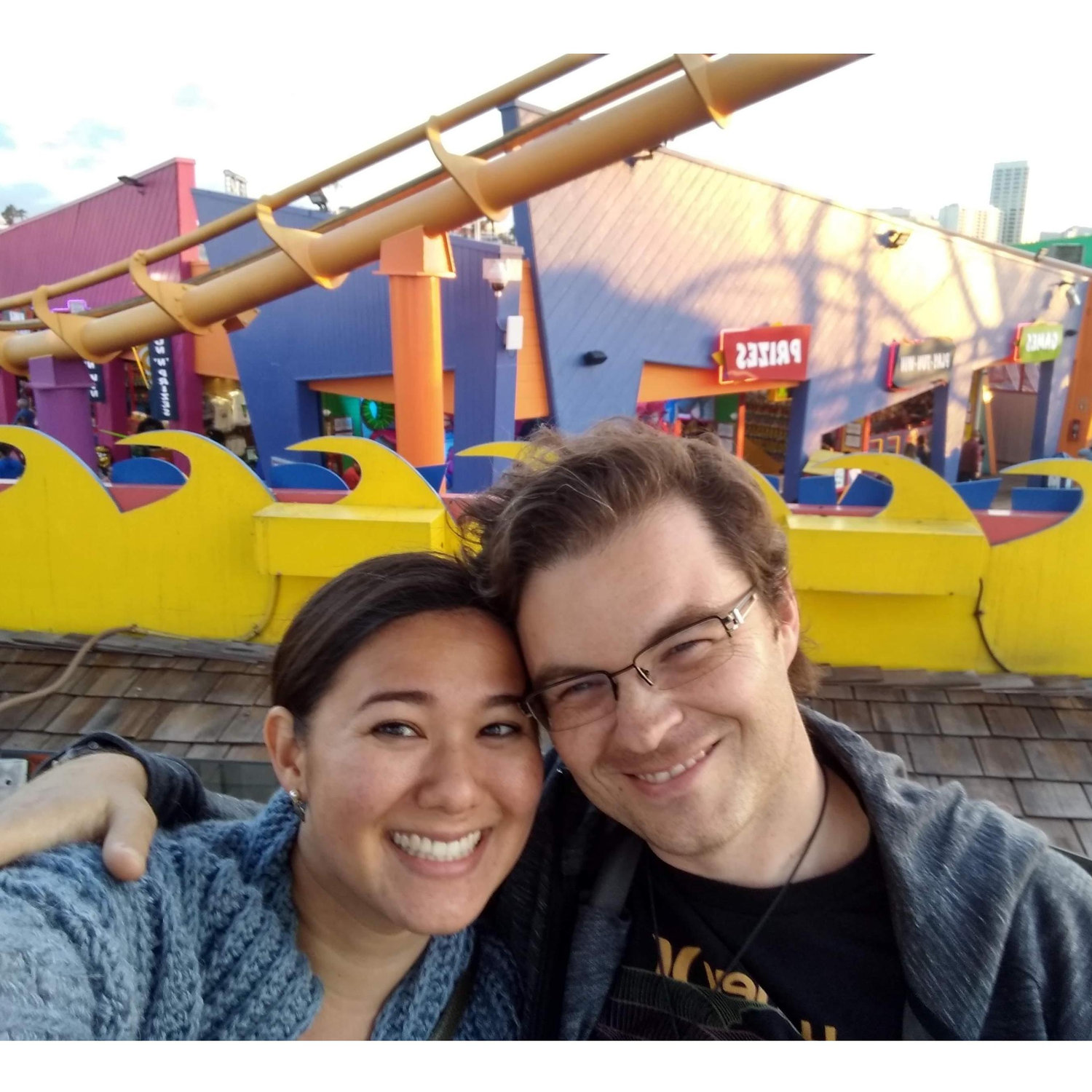 Sunset ride on the ferris wheel in Santa Monica, right before Dillon proposed. We rode this ferris wheel together on one of our first dates, back in 2014.