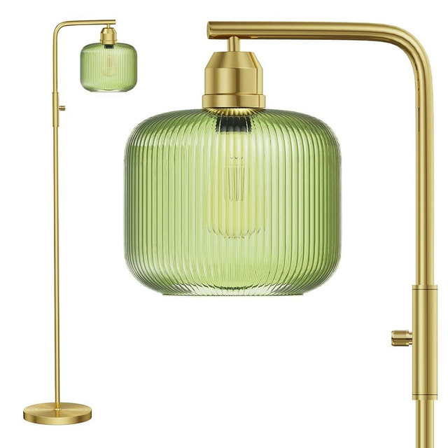 Glass Floor Lamp for Living Room, Modern Standing Lamp with Green Ribbed Glass Lampshade&Brushed Gold, Stepless Dimmable Rotary Switch, 66” Tall Lamp & Gold Floor Lamp for Bedroom Study Room