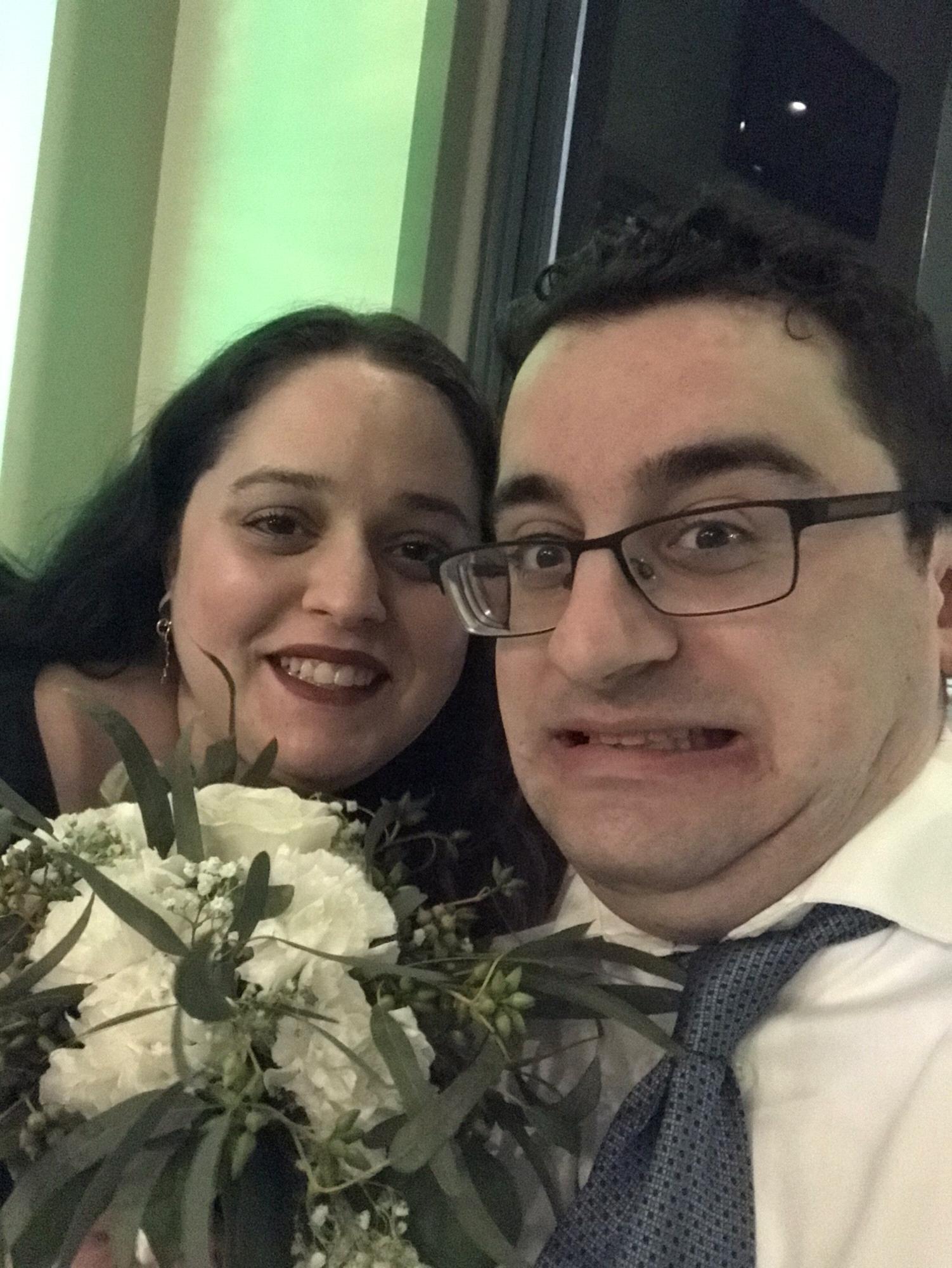 Sandra caught the bouquet at a friend’s wedding a few years ago...Evan was scared! (Evan caught the garter too!)