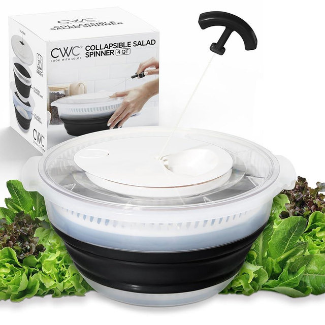 COOK WITH COLOR Collapsible Salad Spinner - 4 QT Space Saving Lettuce Dryer with Folding Collapsible Colander Great for Washing and Drying Fruit and Vegetables (Black)
