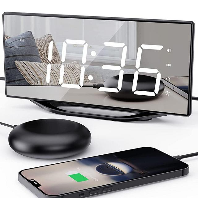 Extra Loud Alarm Clock for Heavy Sleepers Adults,Digital Dual Alarm Clock for Bedroom with USB Charger,8.7" Large LED Mirror Display,Vibrating Alarm Clock with Bed Shaker,Dimmer,Snooze,12/24H,Teens