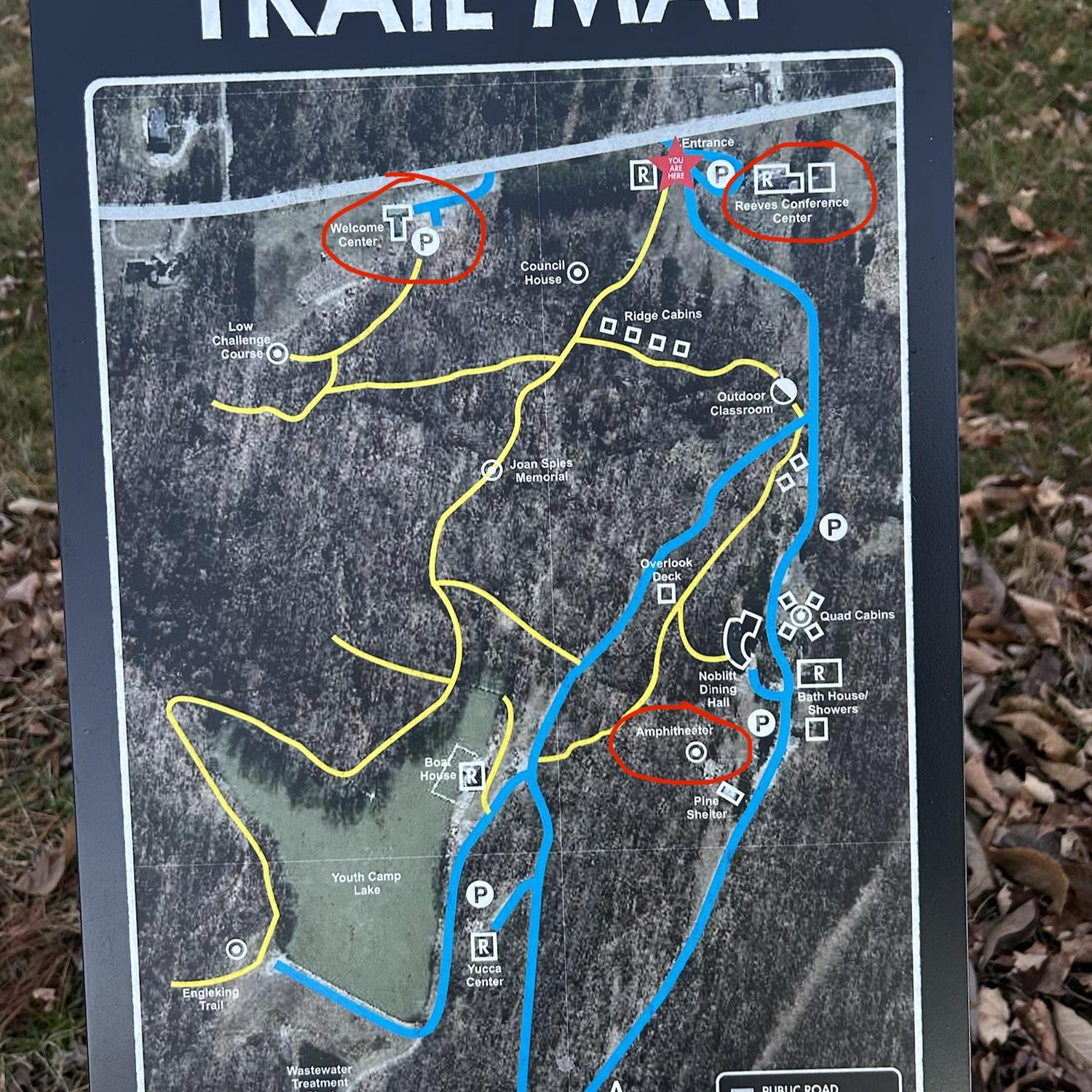 The ceremony site (Amphitheater), reception site (Reeves Conference Center), and main parking area (Welcome Center) are circled on this map of Youth Camp.