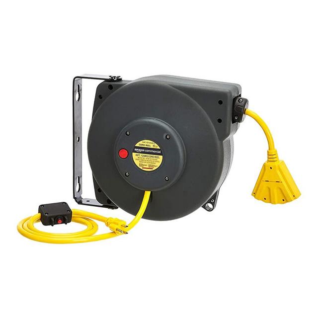 AmazonCommercial Extension Cord Reel Heavy Duty Retractable 12AWG x 40' Feet Industrial Grade 3C/SJT Cable with Triple Tap Connector and Swivel Bracket Power Rating 15A 125VAC 1875W 60Hz