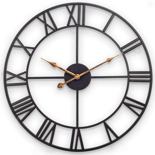 Large Wall Clock, European Industrial Vintage Clock with Roman Numerals, Indoor Silent Battery Operated Metal Decorative Clock for Home, Loft, Living Room, Kitchen, Den - 24 Inch, Classical Black