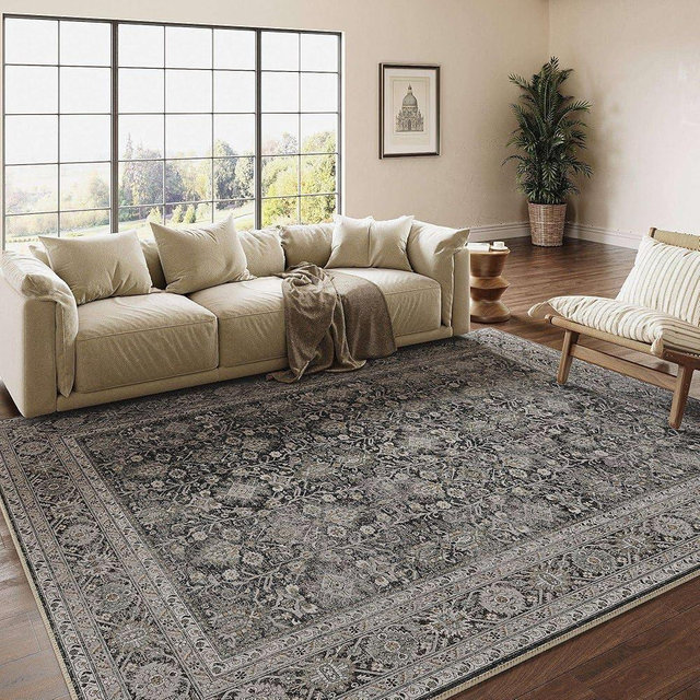 PureCozy Vintage Area Rug 9x12 Black Washable Living Room Large Carpet Non Slip Bedroom Indoor Office Low Pile Traditional Distressed Retro Accent Rug for Dining Room