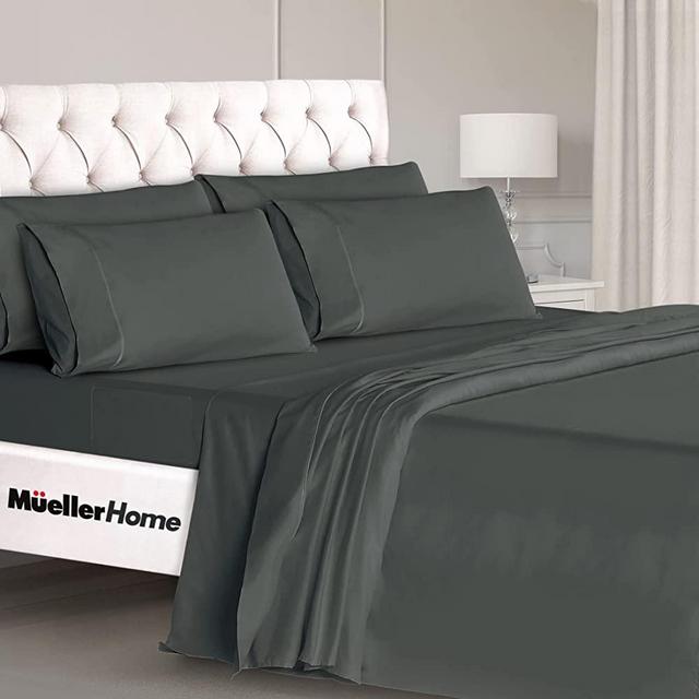 Mueller Ultratemp Bed Sheets Set, Super Soft 1800 Thread Count Egyptian 18-24 Inch Deep Pocket Sheets, Transfers Heat, Breathes Better, Hypoallergenic, Wrinkle, 6Pc, Dark Grey, Full Size
