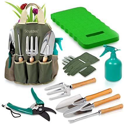 Scuddles Garden Tools Set - 9 Piece Heavy Duty Gardening tools With Storage Organizer, Ergonomic Hand Digging Weeder, Rake, Shovel, Trowel, Sprayer, Gloves Gift for Men & Women (GARDEN TOOLS WITH MAT)
