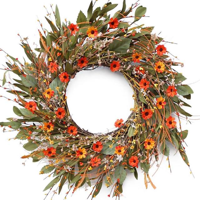 Pinkpuii Realistic Fall Wreaths for Front Door 20 Inch- Autumn Wreath with Yellow Daisy,Forsythia and Grains,Artificial Silk Fall Door Wreath (20 Inch Realistic Fall Wreath)