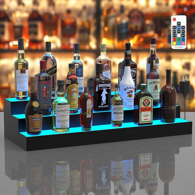 upcessory LED Lighted Liquor Bottle Display Shelf, 3 Tier 30 Inch Alcohol Whiskey Rack Stand Tray for Home Bar Living Room Accessories and Decor, Bourbon Shelf for 24 Bottles