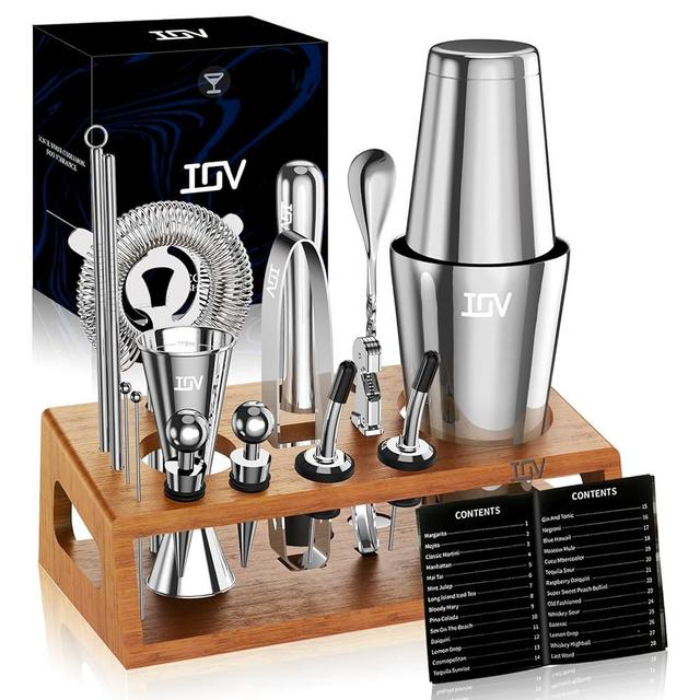 IOV Mixology Bartender Kit Bar Set with Stand | 17-Piece Cocktail Shaker Set | 28oz Boston Shaker Drink Mixer Set with All Essential Accessory Tools | Fun Housewarming Gift (Silver)