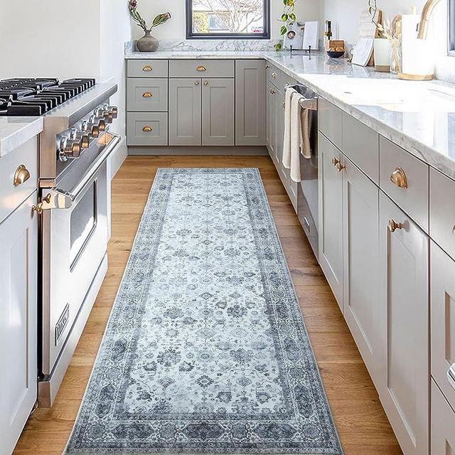 Rugcomf Runner Rug 2'6''x8' Hallway Runner Rug Washable Boho Rug Soft Area Rug Non-Slip Non-Shedding Faux Wool Vintage Persian Rug for Kitchen, Entryway, Laundry, Bedroom, Indoor (Grey and White)