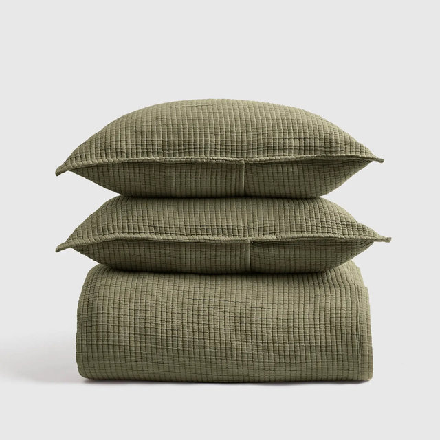 Organic Ribbed Cotton Coverlet Set - Olive, Full/Queen with Shams