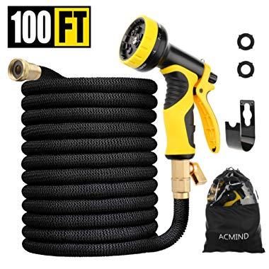 Acmind 100FT Expandable Garden Hose, Extra Strength Fabric and Double Latex Core Water Hose, 3/4" Solid Brass Fittings Flexible No-Kink Expanding Hose with 9 Function Spray Nozzle