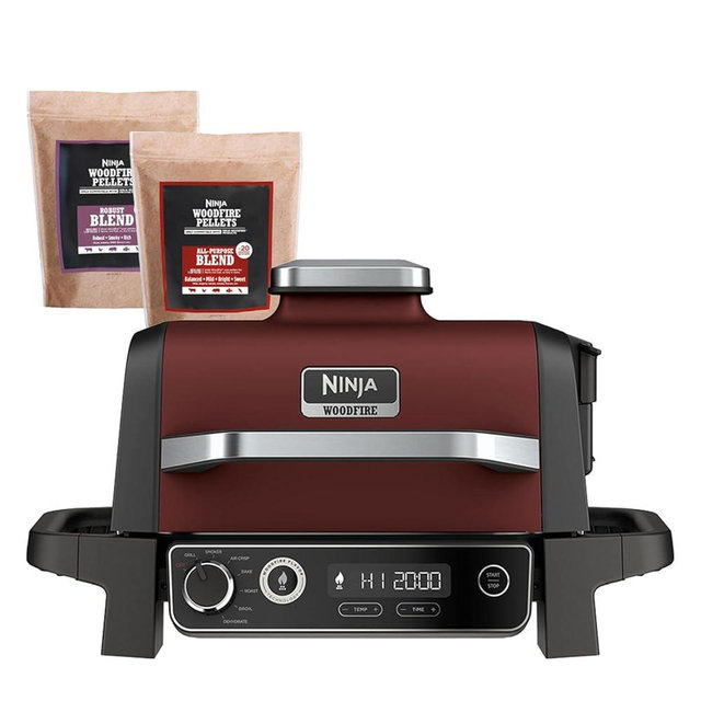 Ninja OG701 Woodfire Outdoor Grill & Smoker, 7-in-1 Master Grill, BBQ Smoker, Air Fryer plus Bake, Roast, Dehydrate, & Broil, uses Woodfire Pellets(1 Pack Included), Portable, Electric, Red
