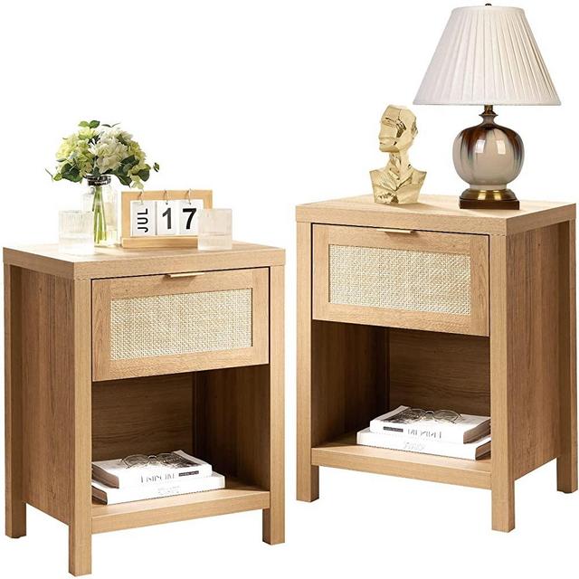 Rattan Nightstand Set of 2 - Farmhouse Night Stand with Drawer and Storage Shelf - Boho Bedside Table End Table Side Table Accent Table for Bedroom Living Room