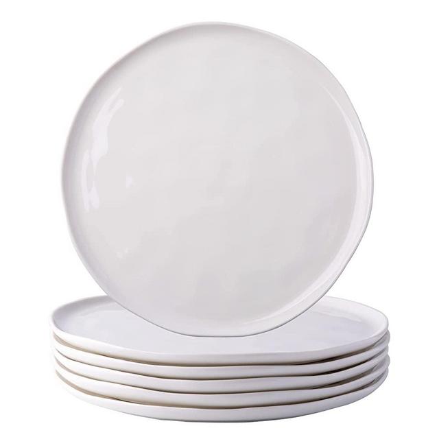 LERATIO Ceramic Dinner Plates Set of 6,10.75 Inch Shiny Porcelain Plates,with Wavy Rim & Hammered Surface Style for Kitchen,Microwave & Dishwasher&Oven Safe,Beige Wavy Rim