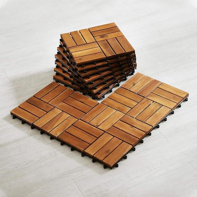 Interlocking Deck Tile (Pack of 10, 12"x12") Acacia Hardwood Deck Tile, Interlocking Patio Tile in Solid Acacia Wooden Oiled Finish Waterproof all Weather Perfect for Indoor Outdoor(Golden Teak Color)