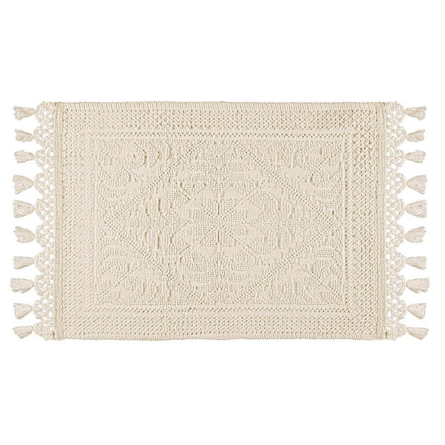 Savi Home Cotton Woven Jacquard Bathroom Rug, Woven Fringe Bathroom Mats, 100% Cotton, Non - Slip Bath Mat, Durable Thick Bath Mat 17”x30” with Fringes, Ivory