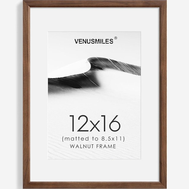 Venusmiles 12x16 Picture Frame Natural Solid Walnut Photo Frames with 8.5x11 Removable Mat Wall Hanging Large Handcrafted Frame with HD Plexiglass Wall and Tabletop Display Large Poster Frame