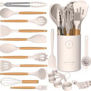 Silicone Cooking Utensils Set - Silicone Kitchen Utensils for Cooking Wooden Handles, 446°F Heat Resistant Kitchen Utensil Spatula Sets w Holder, Gadgets for Non-Stick Cookware BPA FREE (Khaki)