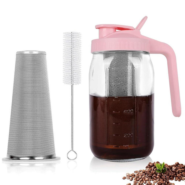 Cold Brew Coffee Maker,32 oz Mason Jar Pitcher with Stainless Steel Filter, Pour Spout Handle Lid, Heavy Duty Glass Airtight & Leak-Proof Pitcher for iced coffee Tea Lemonade-Pink