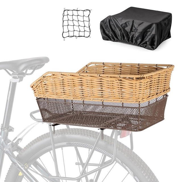 CXWXC Rear Bike Basket - Large Bicycle Rear Basket with Cargo Net and Waterproof Cover, Hand-Woven Baskets Rear Large Capacity