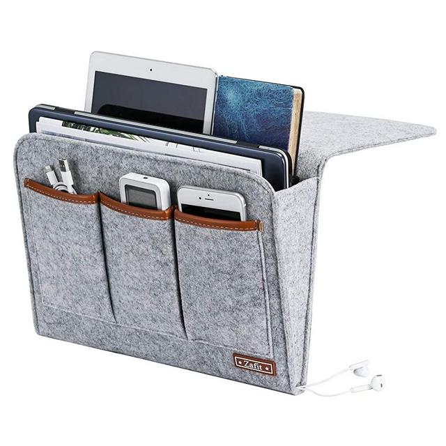 Zafit Bedside Caddy, 6 Pockets Large Size Bedside Storage Organizer Bedside Organizer Caddy for Magazine Remotes Phone (13.4'' x 18.1'', Light Grey)