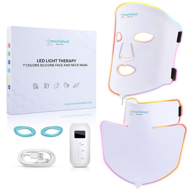 Nourished Bodynskin LED Light Therapy Face & Neck Mask - Facial Skin Care Device - 7 Colors Red & Blue - Rejuvenation, Anti-aging Product for Wrinkles